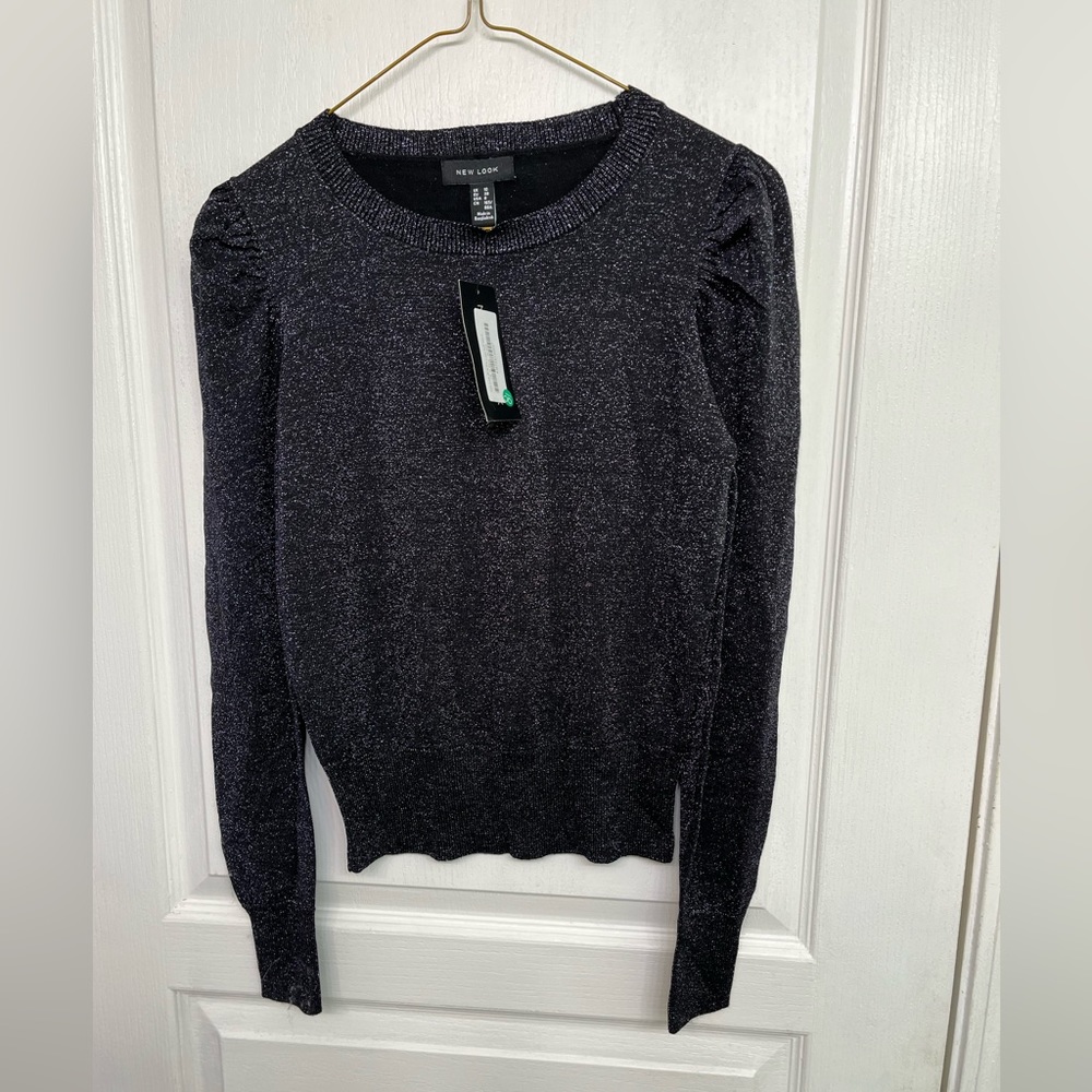 New Look Black/Silver Viscose/Polyester Blend Long Puff Sleeve Lurex Top Sz 6